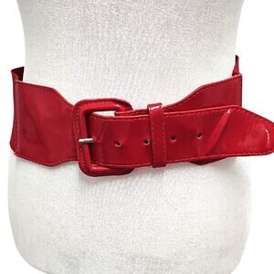 Jasgood Wide Stretch Glossy Red Patent Leather Buckle Women's Belt Sz M/L